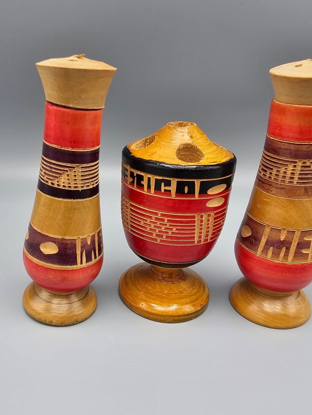 Vintage Handcrafted Wooden Salt and Pepper Shakers with Matching Holder